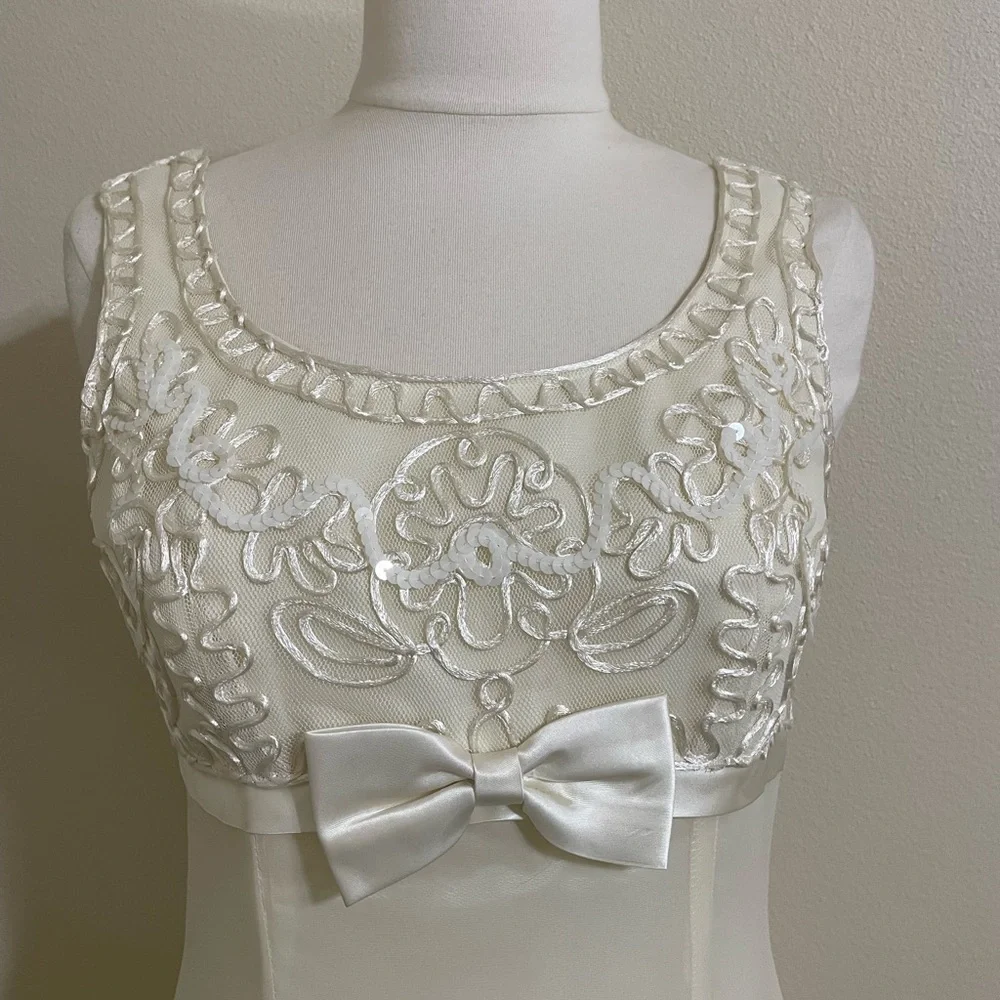 Vintage 90s Ivory Sheath Long Wedding Dress Empire Bust Satin Chiffon Small - Picture 3 of 10